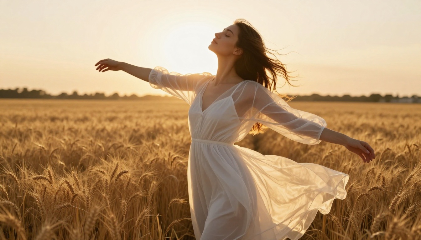 A woman in a sheer white sundress stands in a wheat field at golden hour, backlight making the fabric glow and creating an artistic translucent silhouette