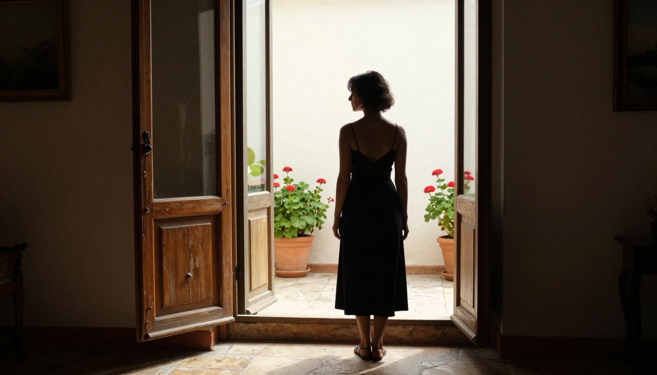 Artistic silhouette of a woman in a sundress against a bright open window in a vintage Spanish villa Artistic silhouette of a woman in a sundress against a bright open window in a vintage Spanish villa