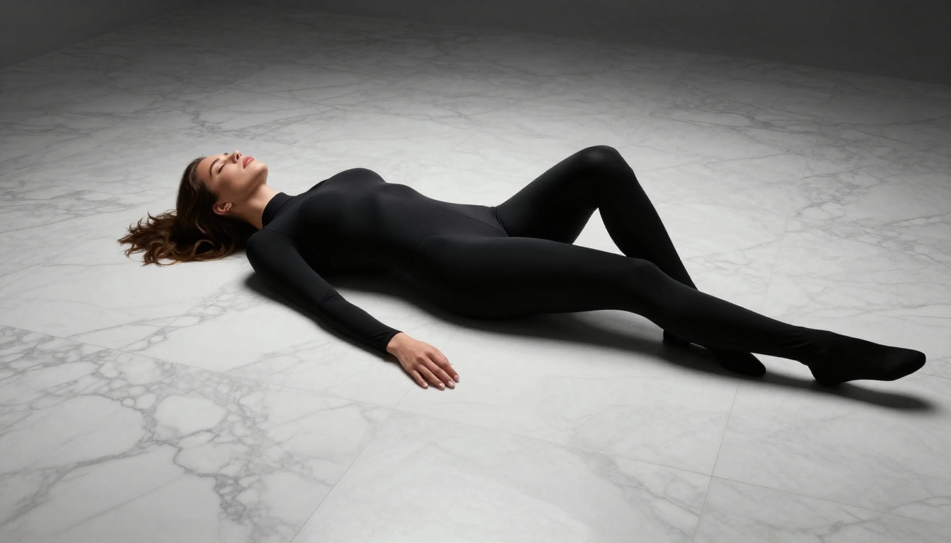 Woman in a black bodysuit lying on polished white marble floor, overhead composition showing marble veining Woman in a black bodysuit lying on polished white marble floor, overhead composition showing marble veining