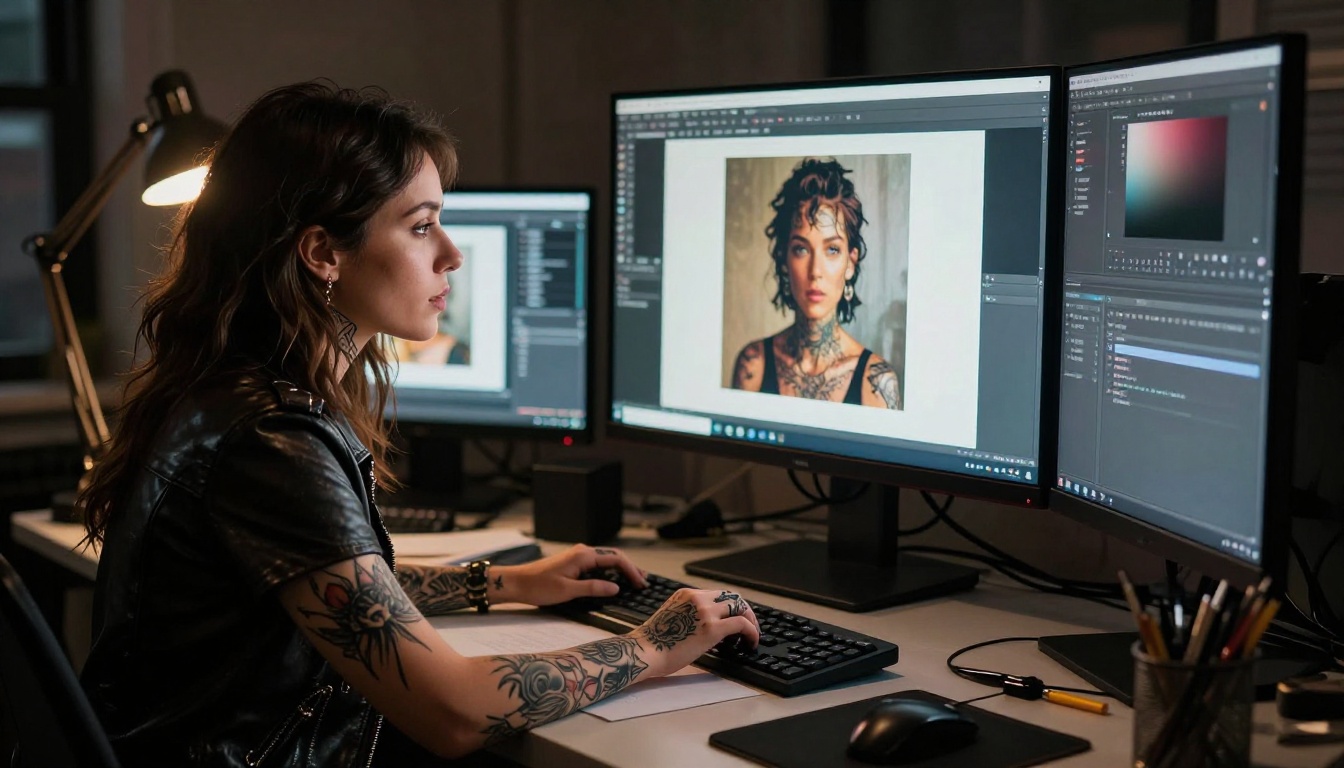 Tattooed digital artist working at a desk in a dark Brooklyn loft with multiple screens showing AI art outputs Tattooed digital artist working at a desk in a dark Brooklyn loft with multiple screens showing AI art outputs