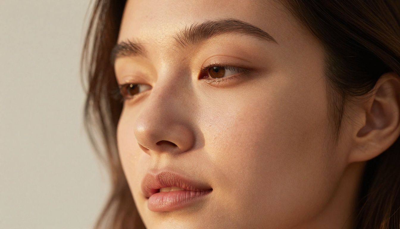 Close-up beauty portrait of a woman in raking golden afternoon light showing exceptional skin texture detail