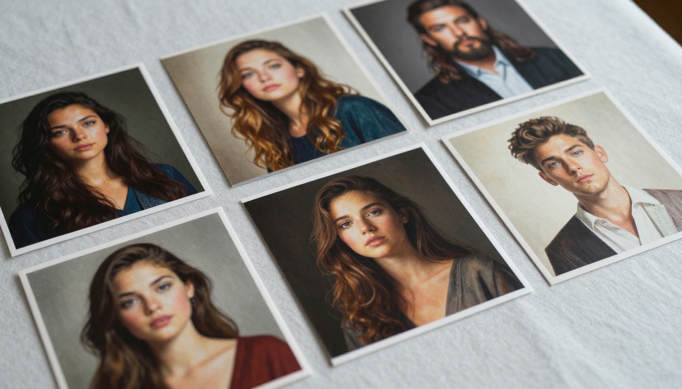 Comparison flat-lay of multiple AI-generated portrait prints showing strikingly different artistic styles Comparison flat-lay of multiple AI-generated portrait prints showing strikingly different artistic styles