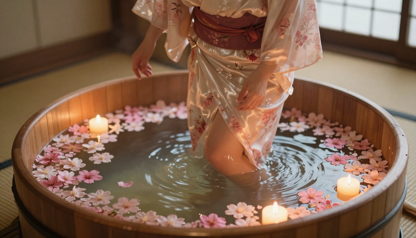 Woman in a silk kimono robe stepping into a Japanese wooden soaking tub with cherry blossoms floating on the water Woman in a silk kimono robe stepping into a Japanese wooden soaking tub with cherry blossoms floating on the water