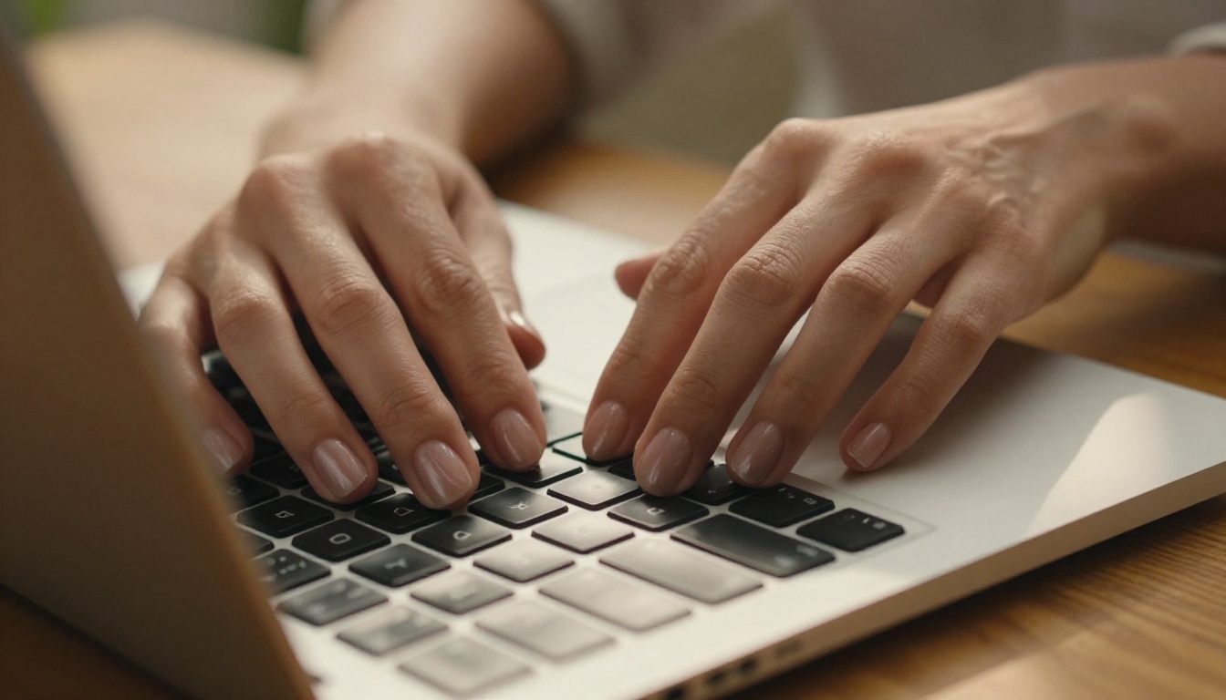 Close-up of hands typing on a laptop keyboard with warm tungsten light