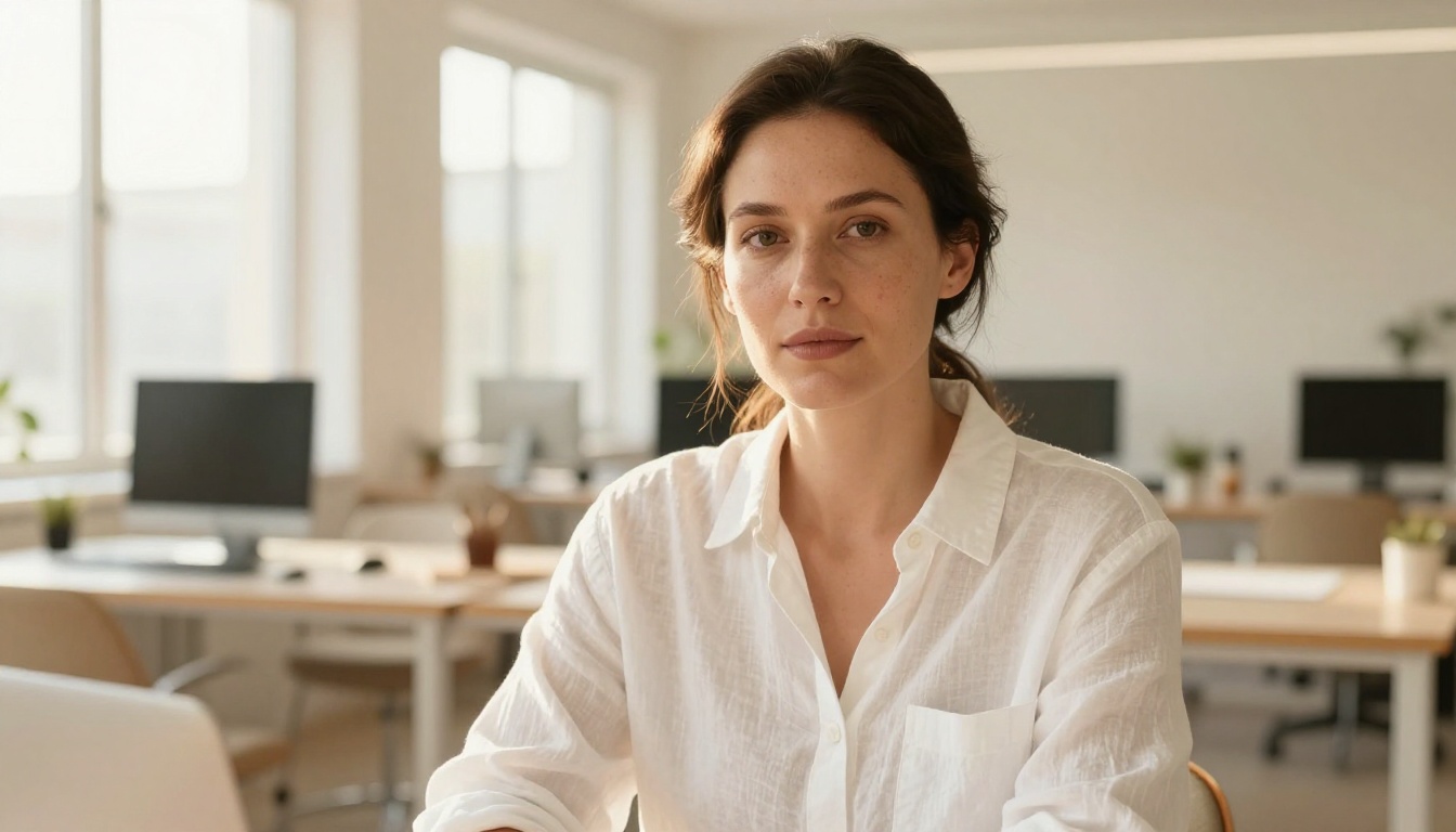 Confident woman in white linen shirt at a bright co-working space with morning light