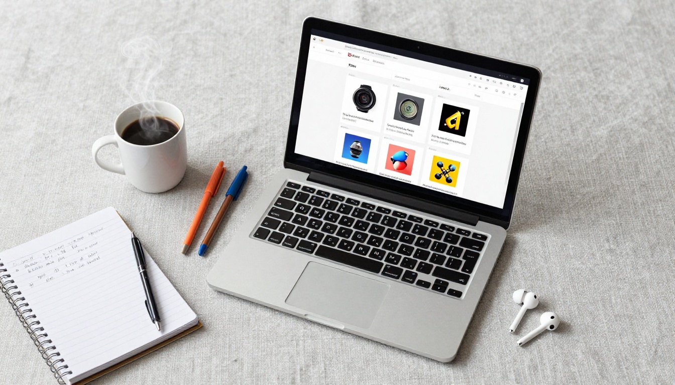 Aerial flat-lay of a creative workspace with an open laptop, notebook, coffee cup, and wireless earbuds