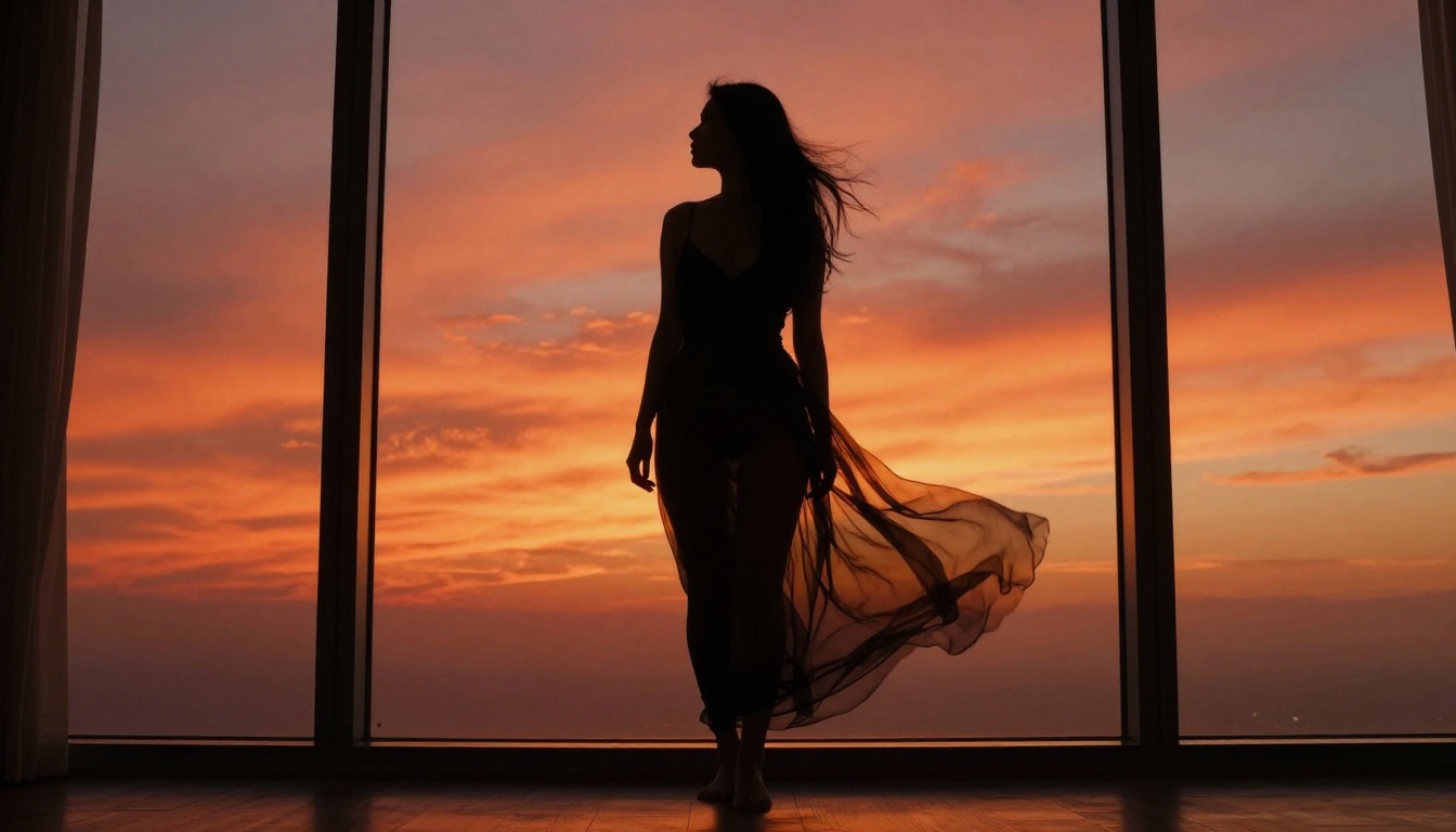 Artistic silhouette of a woman with perfect curves against blazing sunset through penthouse windows, dramatic backlit RAW photography