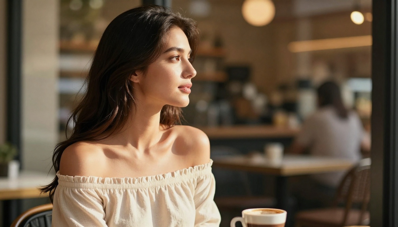 Woman with long dark hair at a sunlit café window, warm afternoon rim light on her shoulder and cheekbone