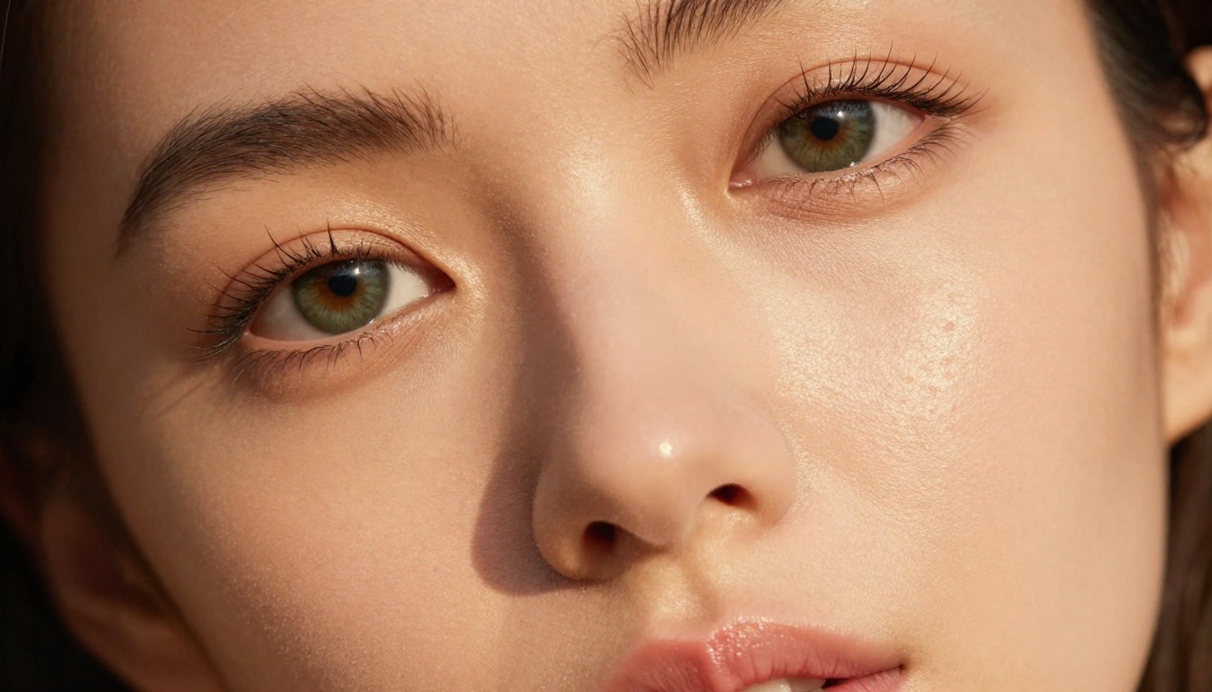 Close-up beauty portrait of woman with deep green eyes and dewy skin catching warm studio light, Hasselblad RAW 8K macro photography