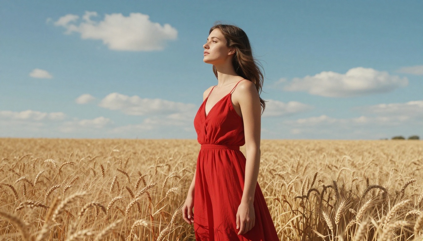 Woman in a flowing red dress standing in a field of golden wheat, sunlight creating a natural halo through her hair Woman in a flowing red dress standing in a field of golden wheat, sunlight creating a natural halo through her hair