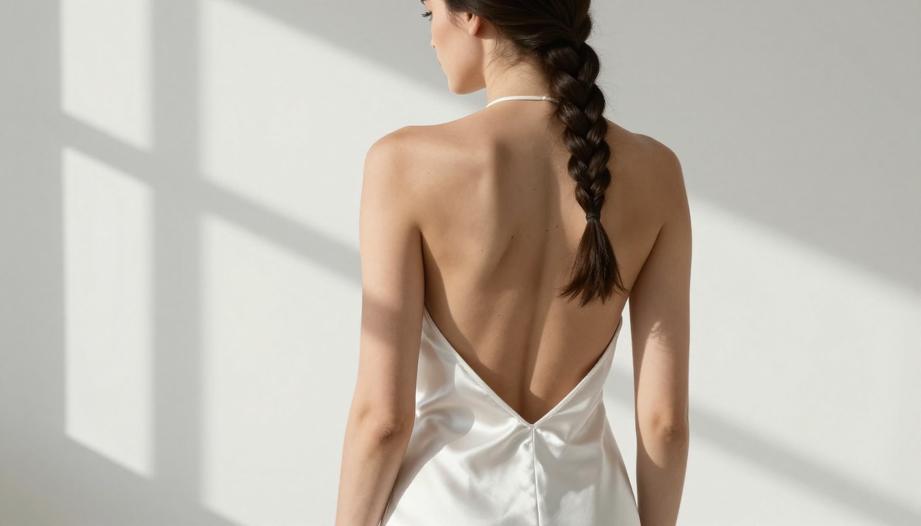 Elegant back shot of woman with dark braid in low-back white satin dress, minimalist all-white studio, geometric window shadows, RAW 8K editorial photography