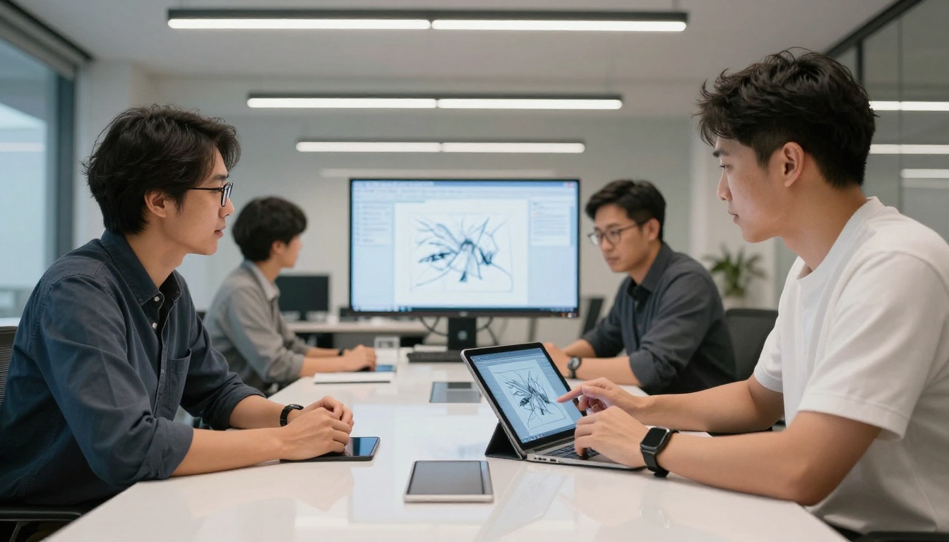 Two people collaborating over a tablet showing AI-generated artwork in a professional office with diffused LED lighting Two people collaborating over a tablet showing AI-generated artwork in a professional office with diffused LED lighting