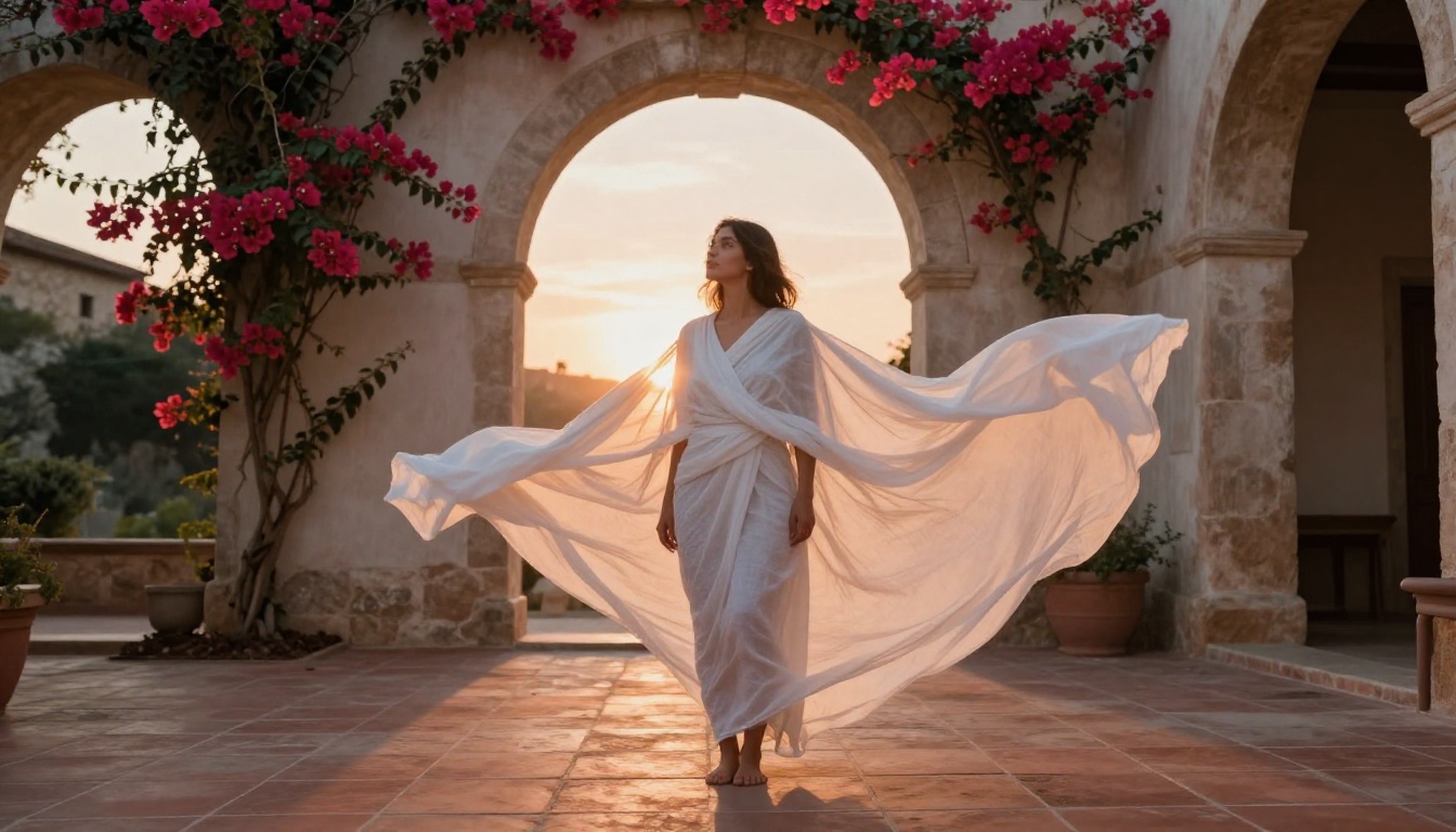 Woman wrapped in semi-transparent white linen in rustic Mediterranean courtyard at dawn, bougainvillea, golden backlight, wide angle RAW photography