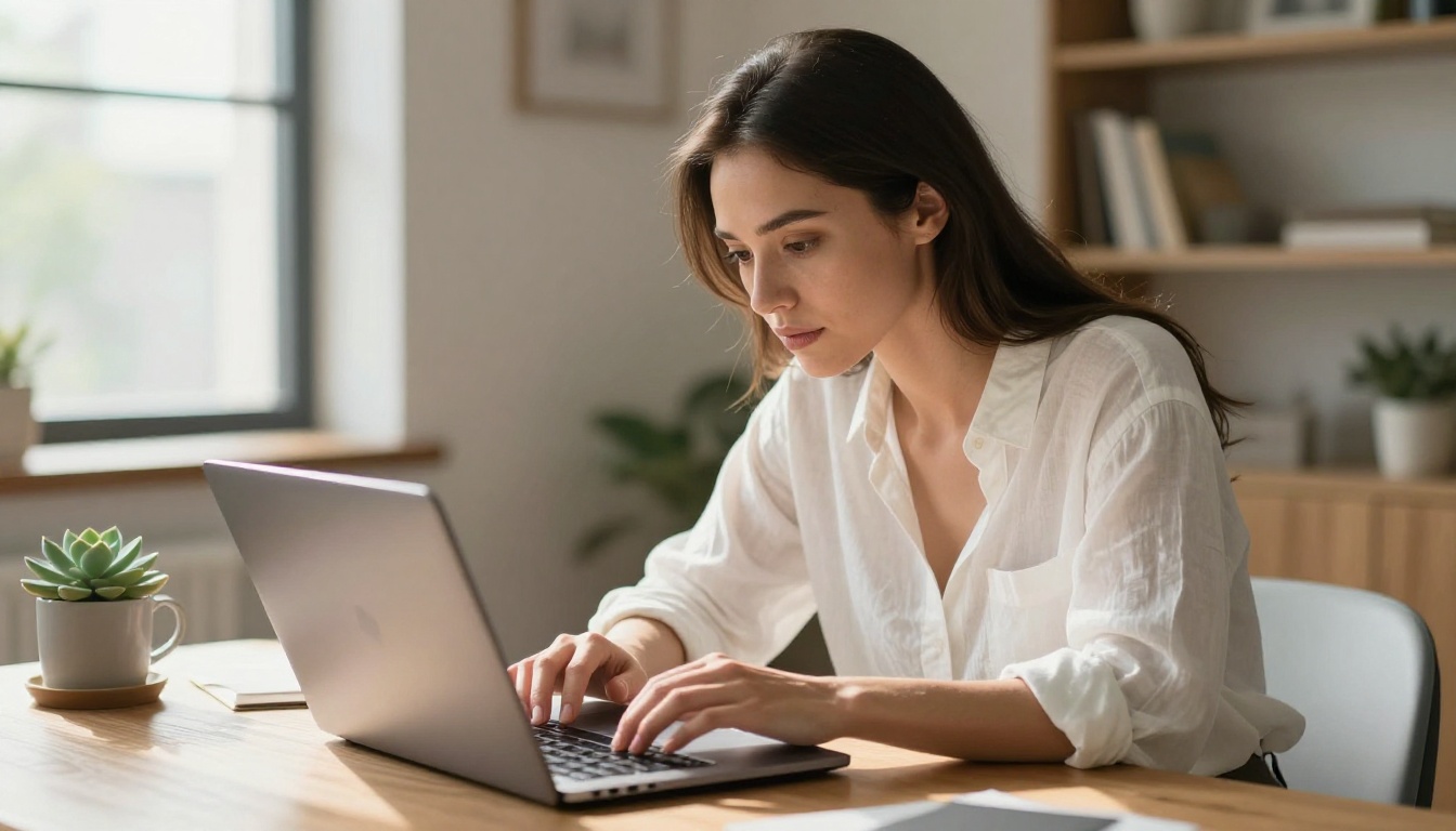 Woman inspecting AI-generated results on laptop in modern loft Woman inspecting AI-generated results on laptop in modern loft
