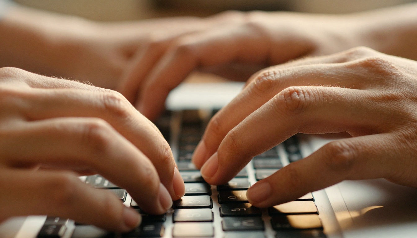 Extreme close-up of hands typing on aluminum keyboard in warm golden morning light