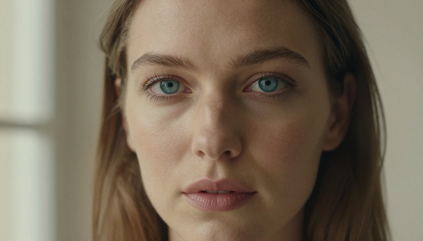 Close-up portrait of a woman with striking blue eyes and precise Rembrandt lighting, 135mm telephoto depth of field Close-up portrait of a woman with striking blue eyes and precise Rembrandt lighting, 135mm telephoto depth of field