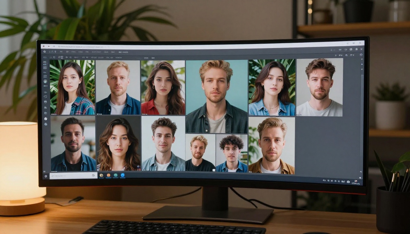 Large monitor displaying a grid of photorealistic AI portrait thumbnails Large monitor displaying a grid of photorealistic AI portrait thumbnails