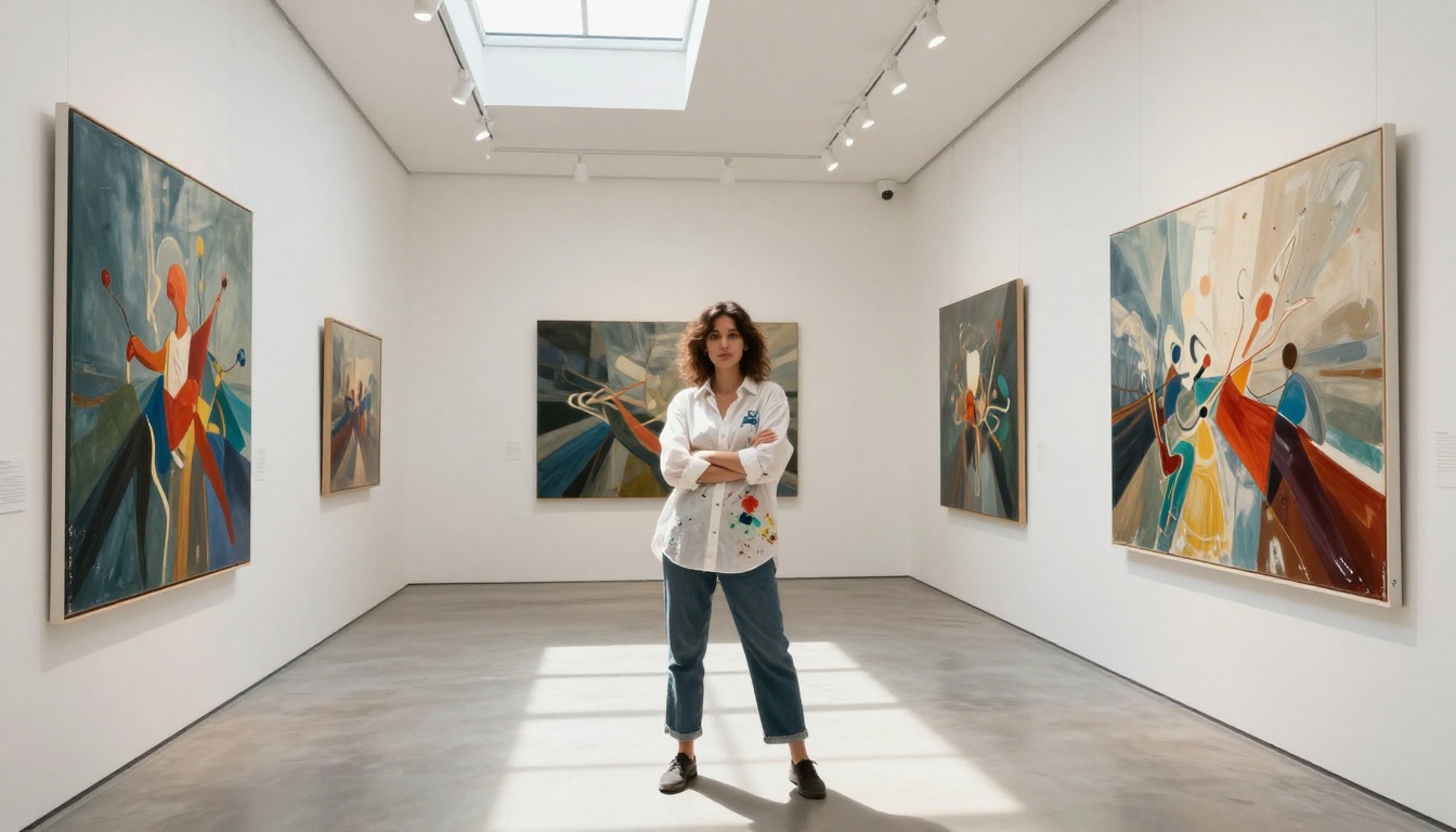 Woman standing confidently in a modern art studio surrounded by large printed AI artworks on white gallery walls Woman standing confidently in a modern art studio surrounded by large printed AI artworks on white gallery walls