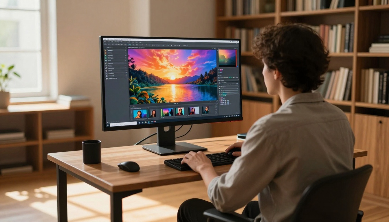 Digital artist at a standing desk with a large monitor showing a vibrant AI generation interface, warm bookshelf backdrop Digital artist at a standing desk with a large monitor showing a vibrant AI generation interface, warm bookshelf backdrop