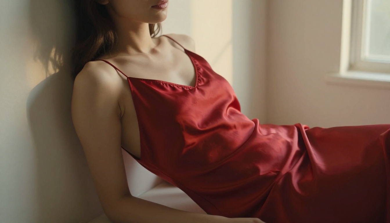 Woman in red silk slip dress reclining against white wall in soft afternoon light Woman in red silk slip dress reclining against white wall in soft afternoon light