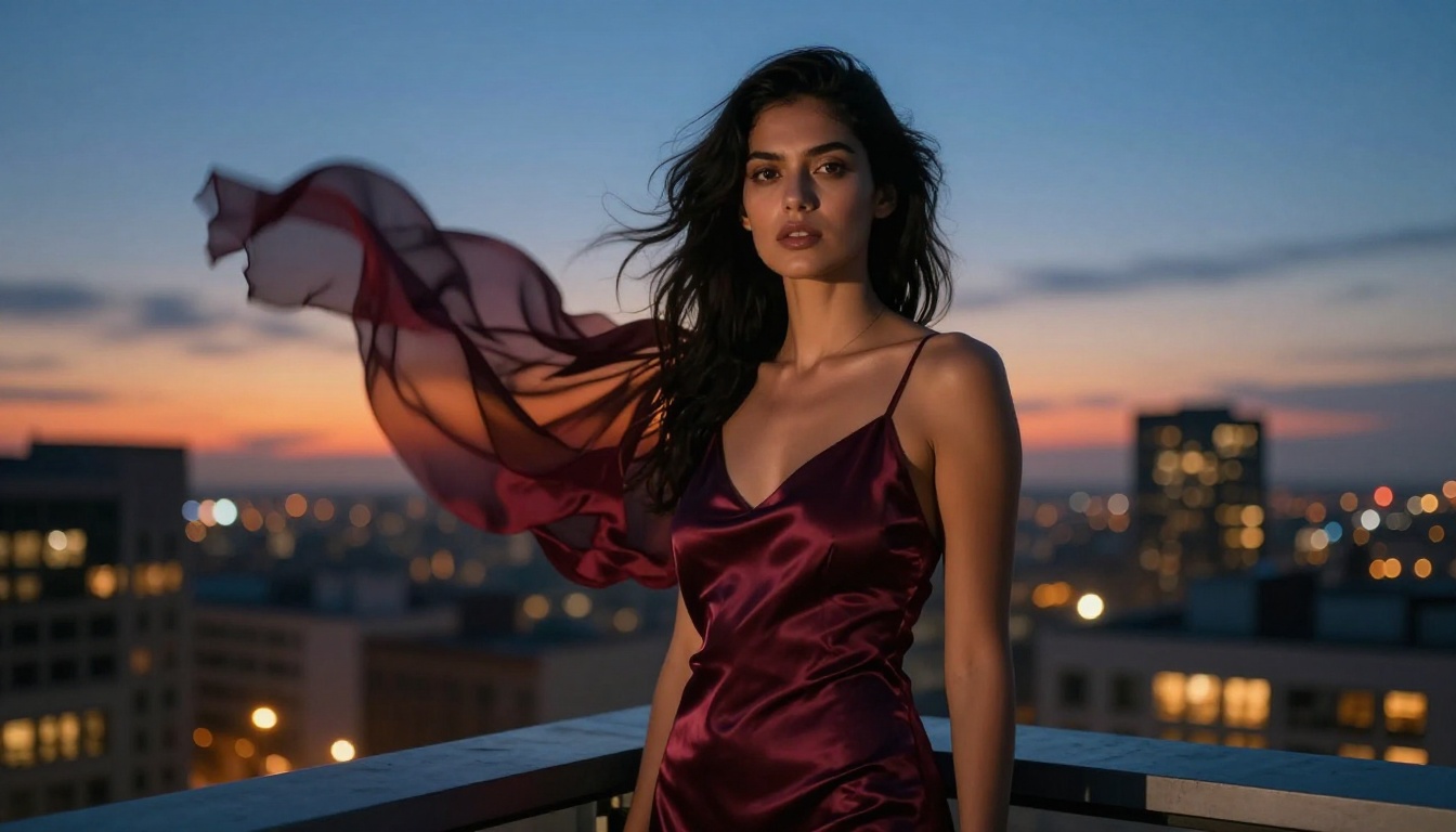 Dark-haired woman in burgundy satin slip on rooftop at blue hour, city skyline amber lights, Kodak Portra 800 RAW 8K portrait photography