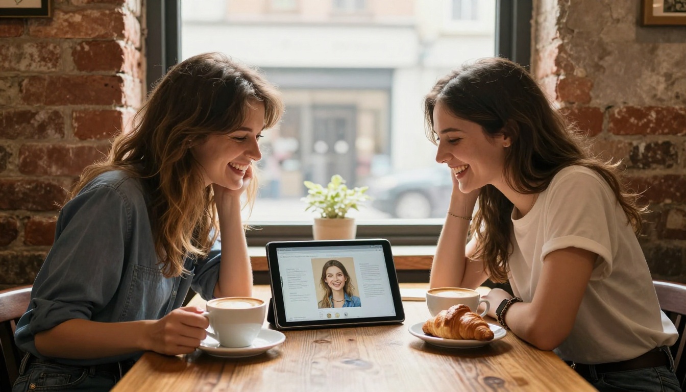 Two women looking at tablet showing AI images, laughing in a sun-drenched café