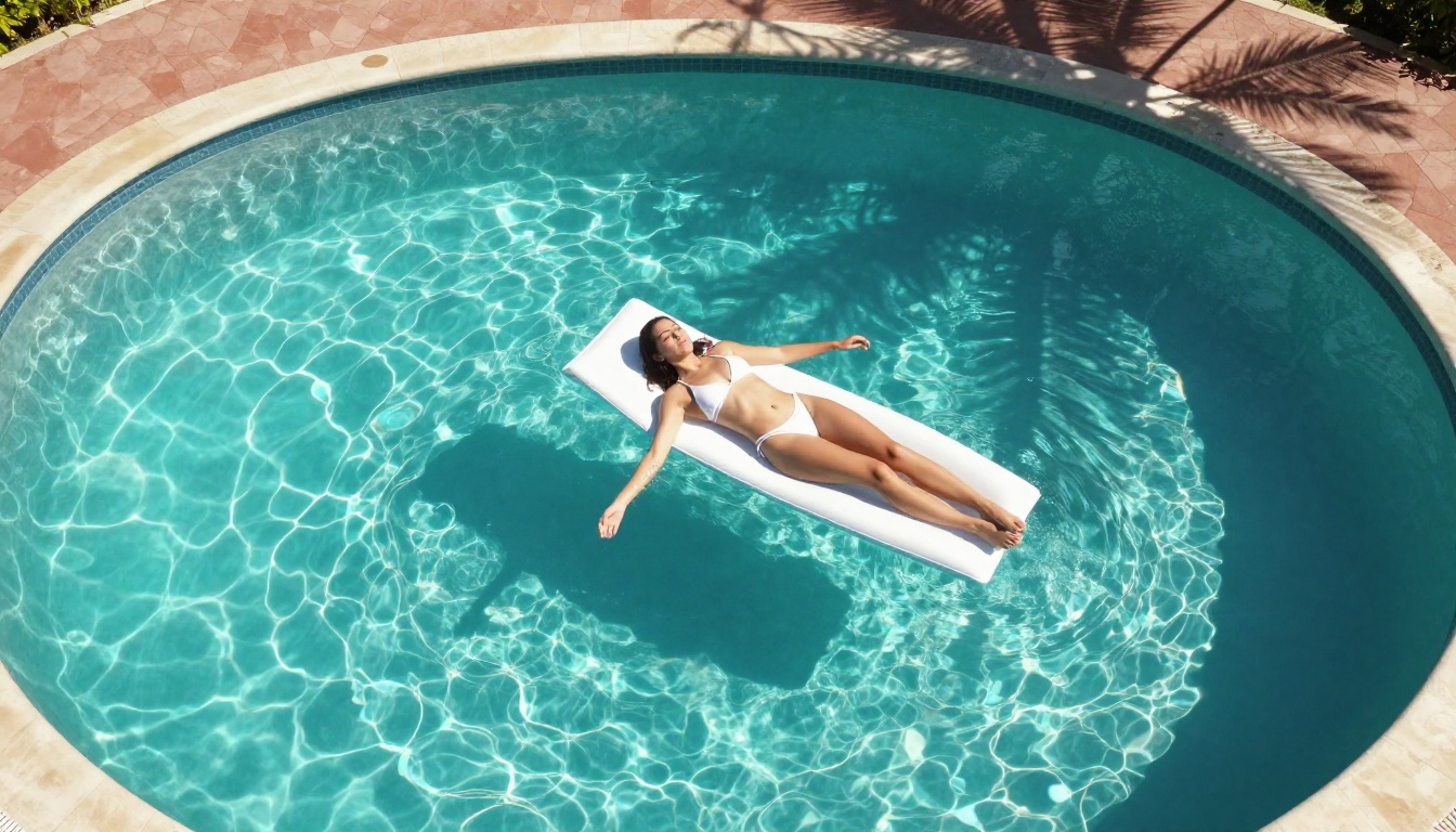 Aerial overhead view of woman on white pool float in vivid turquoise infinity pool
