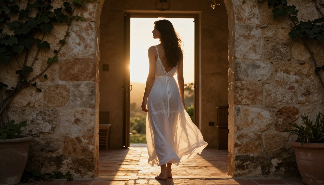 Woman in white linen sundress backlit in rustic stone villa doorway at golden hour