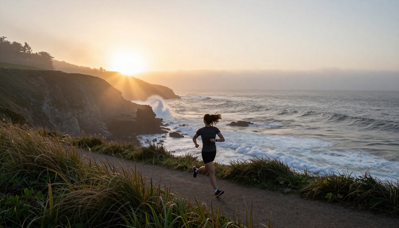 Woman jogging along dramatic coastal cliffside at sunrise, breaking waves below, Sony 200mm panning motion photography, Kodak Portra 800