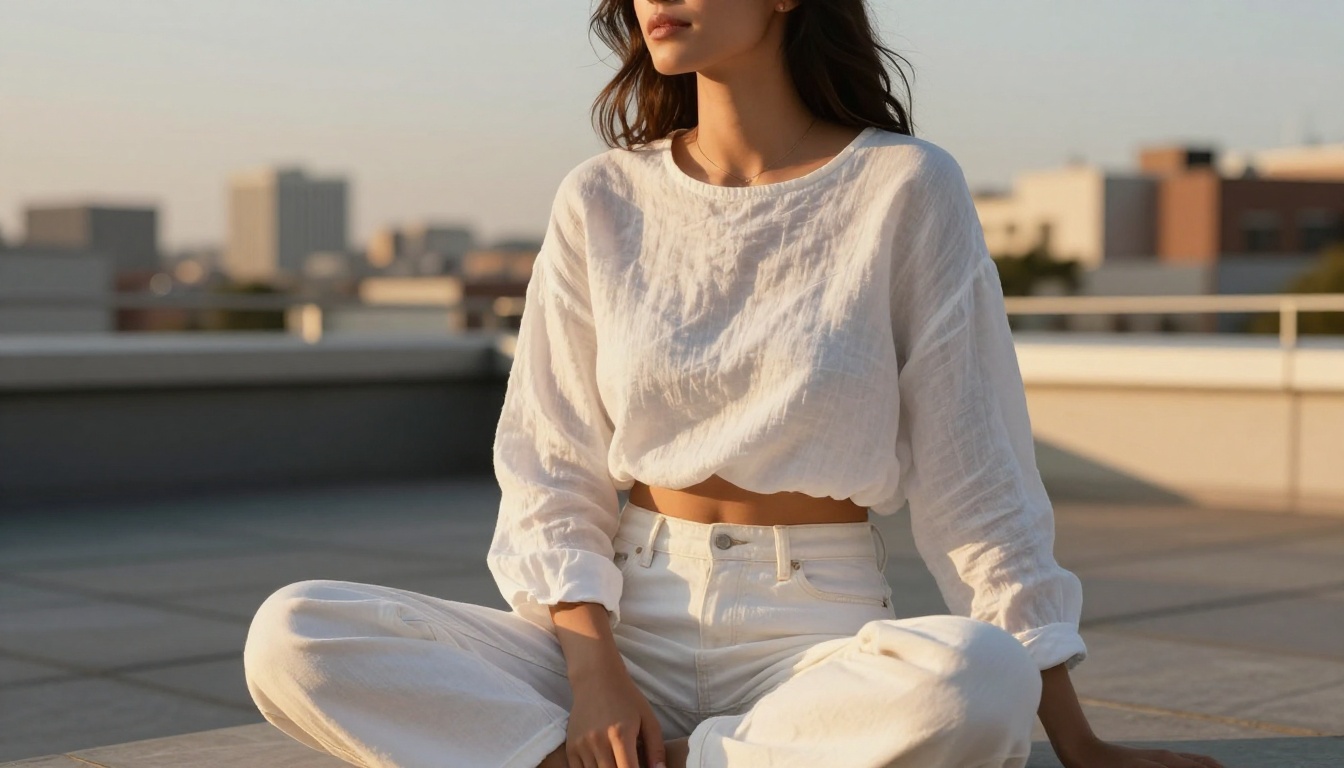Woman in a white linen crop top on a rooftop terrace at golden hour, city skyline softly blurred in the background Woman in a white linen crop top on a rooftop terrace at golden hour, city skyline softly blurred in the background