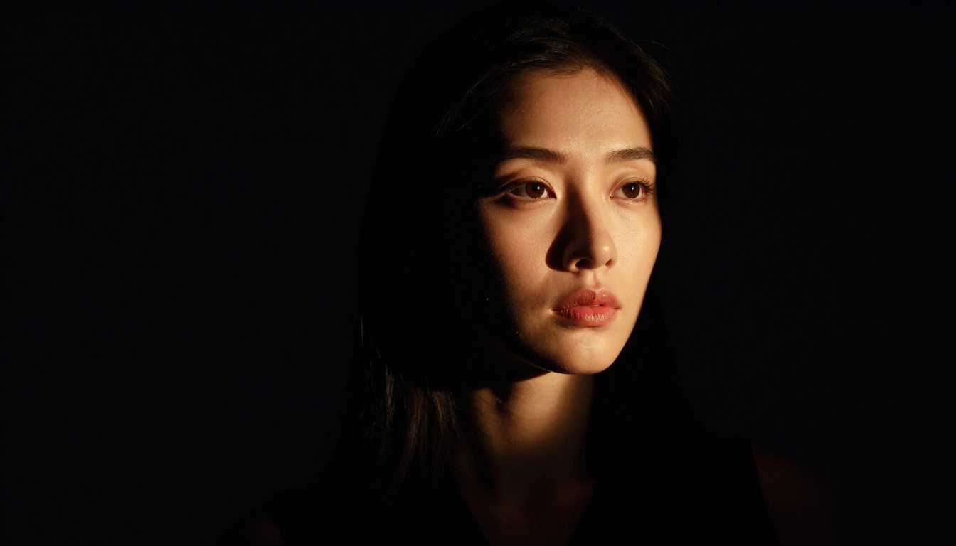 Dramatic chiaroscuro studio portrait of woman with single hard light source, deep shadows on half her face, Phase One fine art RAW photography