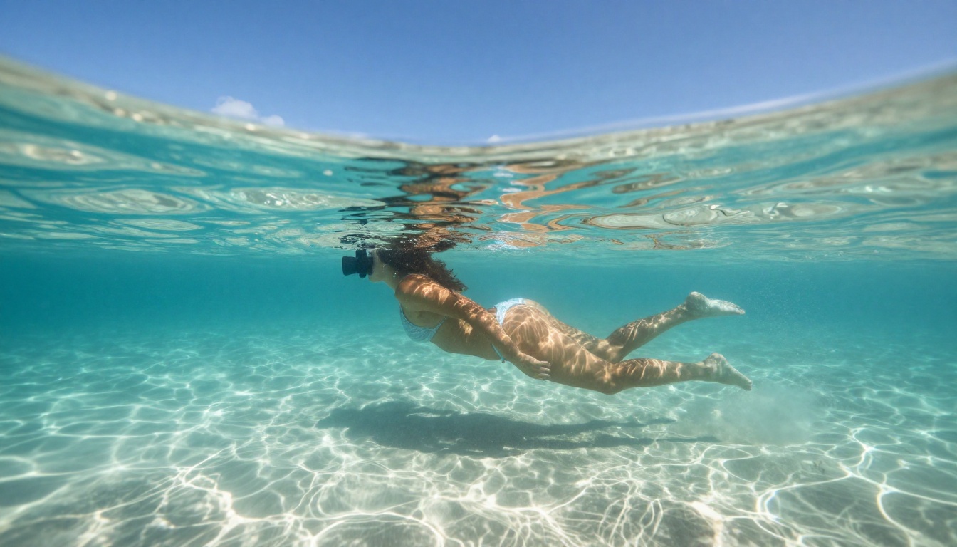 Woman in bikini at split-level tropical ocean, above and below water perspective, underwater caustic light patterns, Sony RAW 8K photography