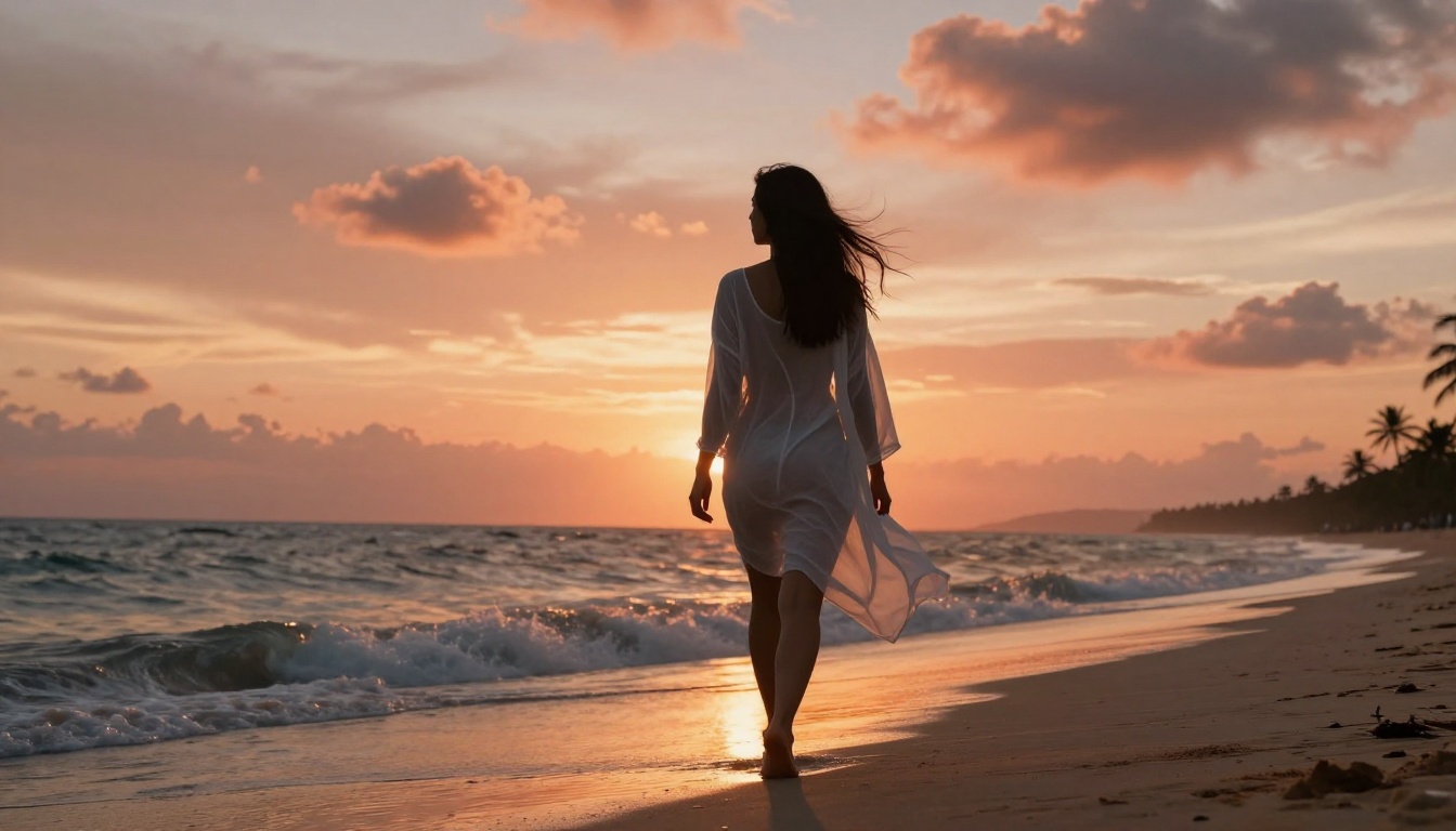 Woman walking barefoot along a beach at sunrise, her silhouette against a dramatic amber and coral glowing horizon Woman walking barefoot along a beach at sunrise, her silhouette against a dramatic amber and coral glowing horizon