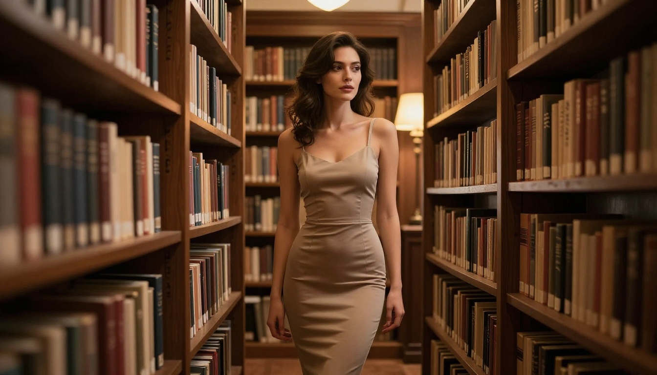 Woman in an elegant bodycon dress in a private library with warm reading lamp light, leather book spines in soft focus Woman in an elegant bodycon dress in a private library with warm reading lamp light, leather book spines in soft focus