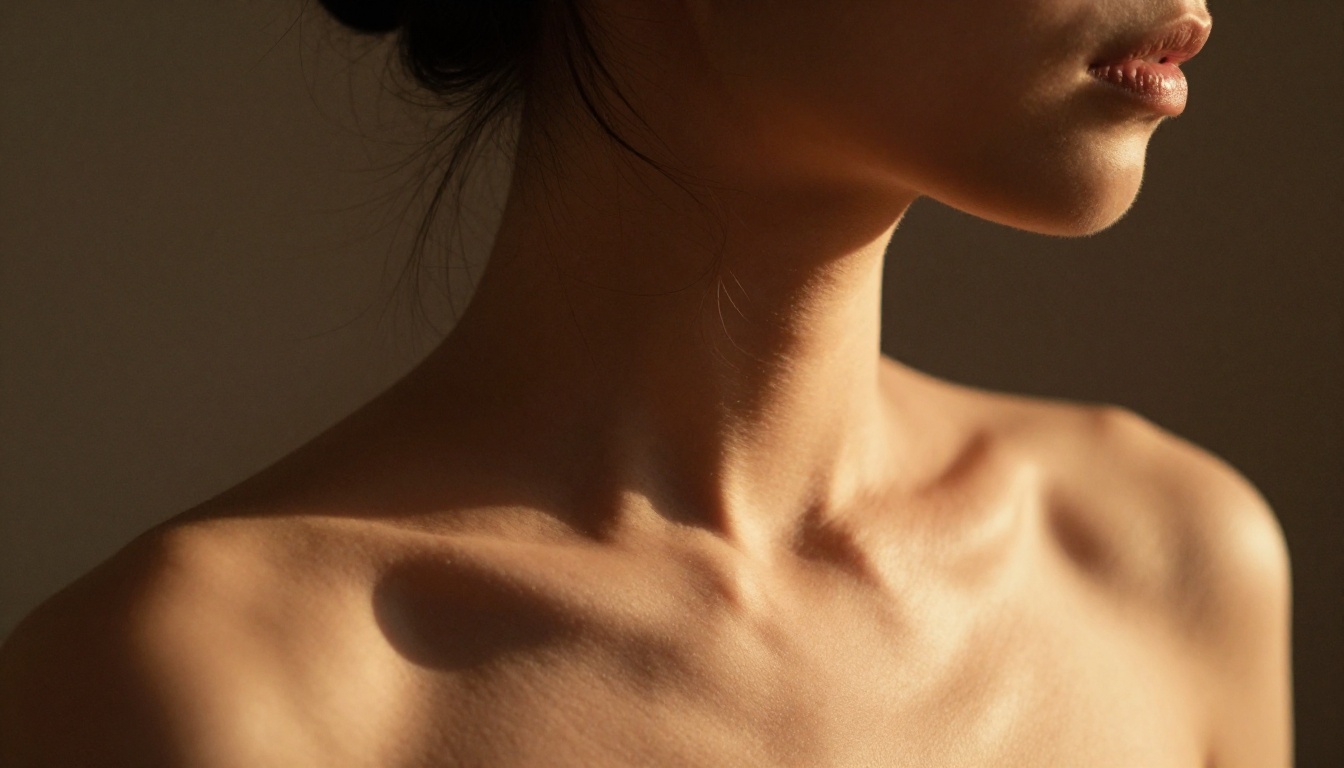 Close-up of woman's bare neck and collarbone in warm amber evening side-light