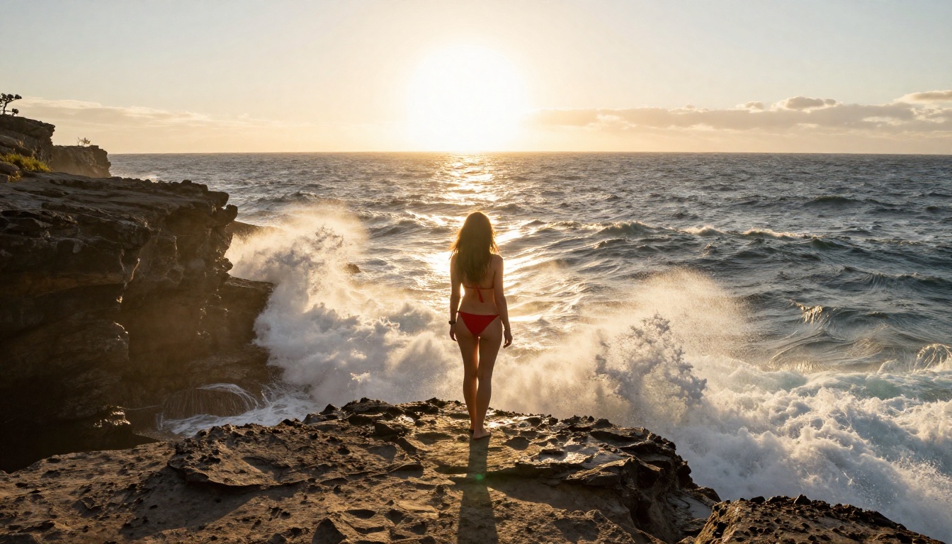 Woman in red bikini standing confidently on a rocky coastal cliff overlooking a dramatic ocean vista with waves far below Woman in red bikini standing confidently on a rocky coastal cliff overlooking a dramatic ocean vista with waves far below