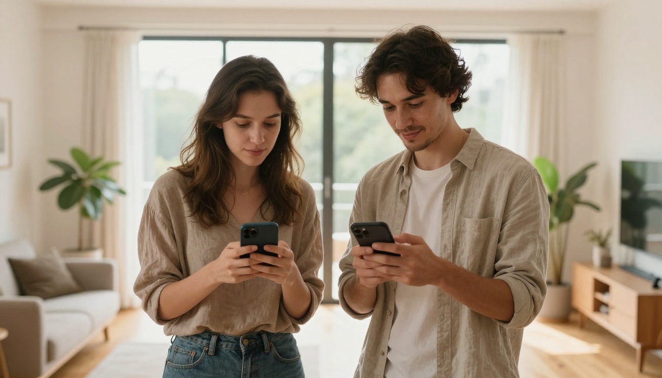 Man and woman comparing AI image results on smartphones in Scandinavian apartment