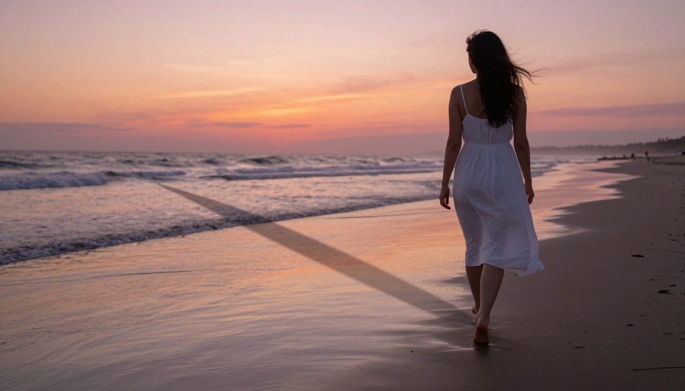 Woman in white linen sundress walking away along the shoreline at magic hour sunset