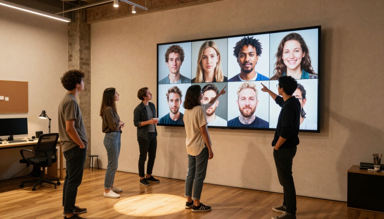 Group of creative professionals gathered around a monitor reviewing AI-generated art