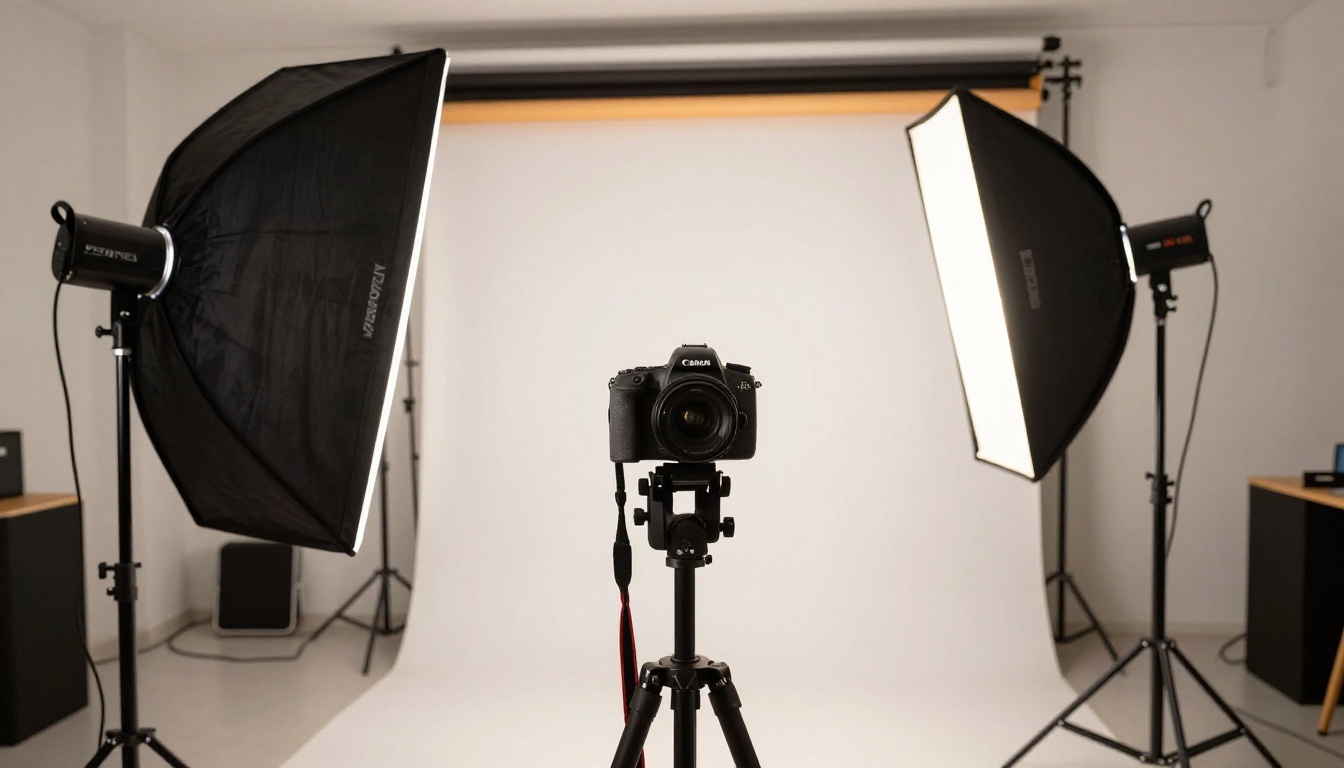 Professional portrait photography studio with octabox lighting setup and DSLR on tripod