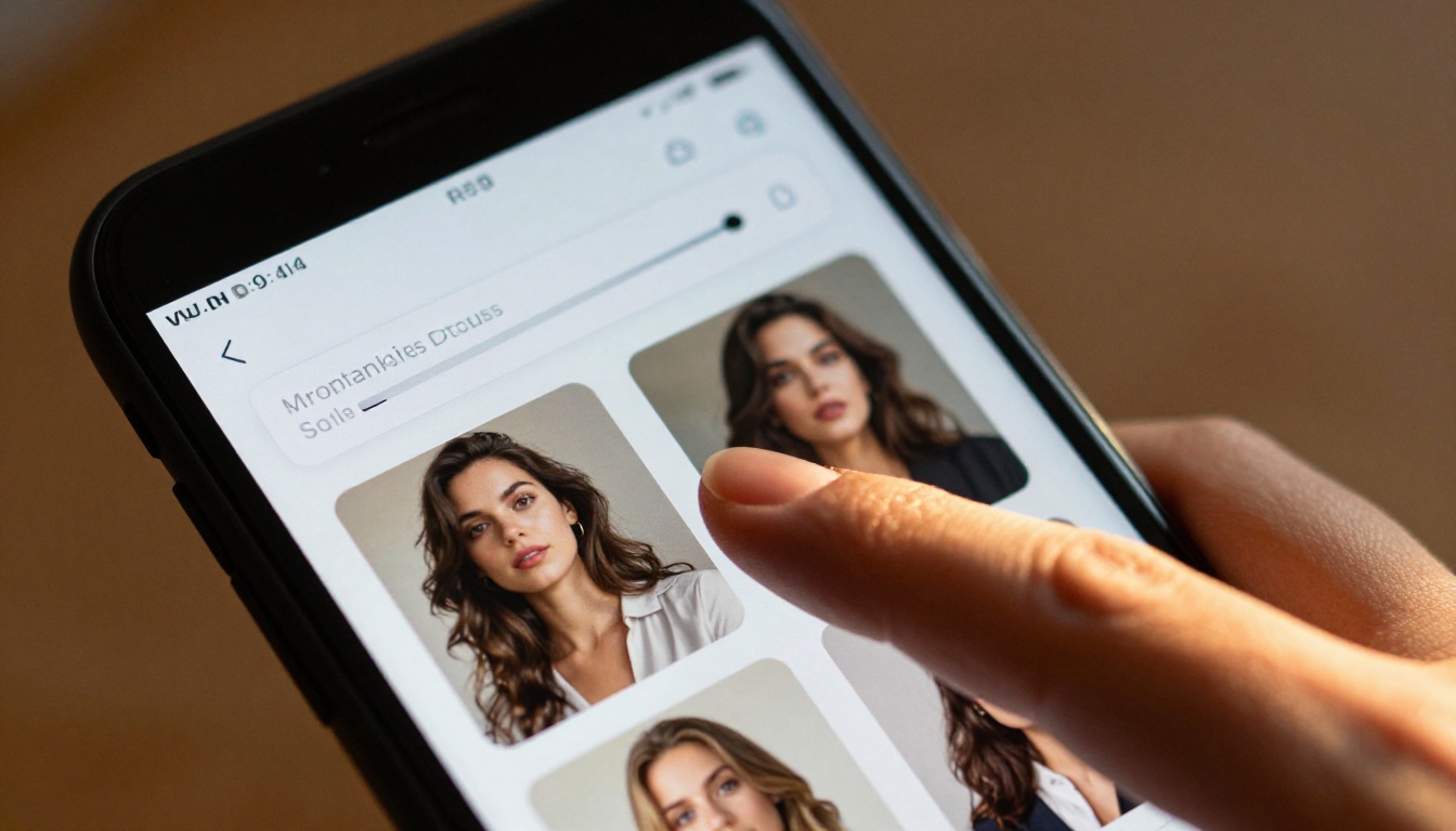 Smartphone displaying AI image generation interface with portrait result thumbnail grid