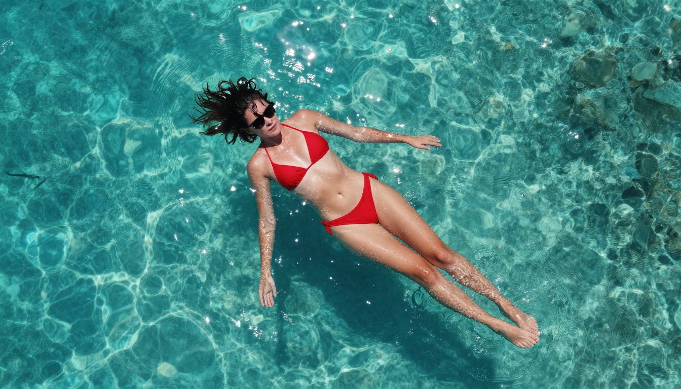 Aerial top-down view of woman in red bikini floating in infinity pool, tropical setting, photorealistic