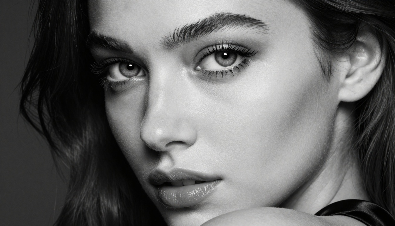 Close-up black and white glamour portrait, Rembrandt lighting, photorealistic skin texture