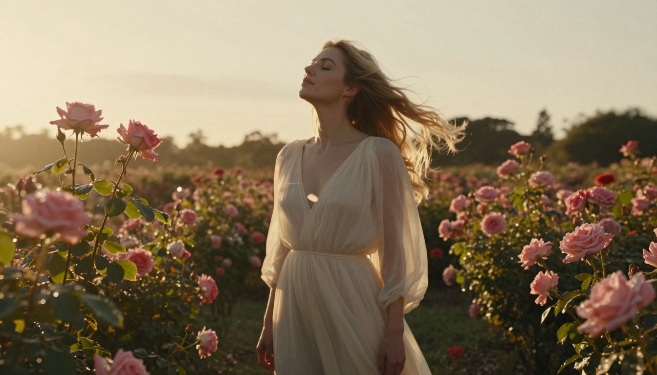 Woman in sheer ivory dress in rose garden, golden hour backlight, bokeh background