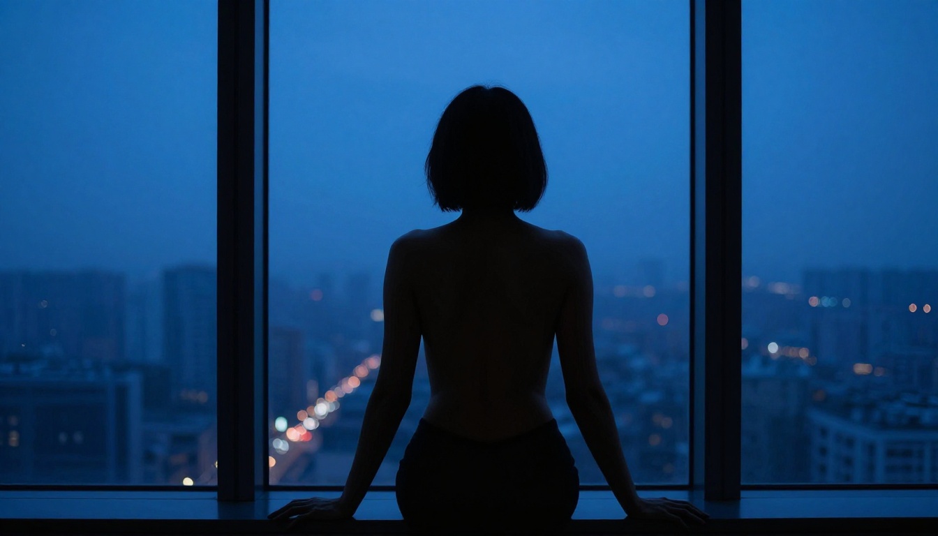 Silhouette of woman's bare back against floor-to-ceiling window at blue hour, city lights