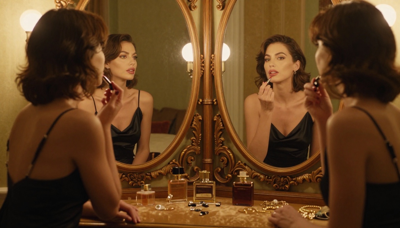 Woman at ornate vanity mirror applying lipstick, warm tungsten light, boudoir setting