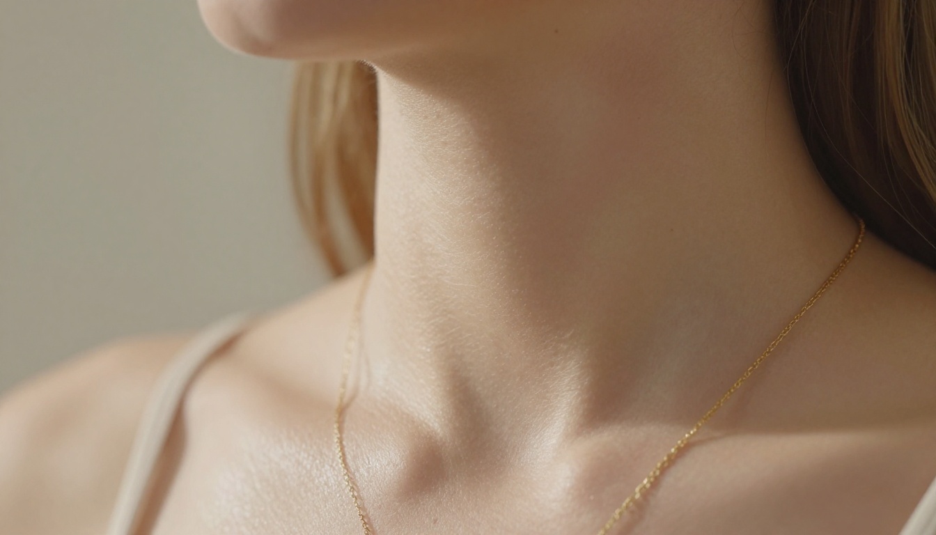 Extreme close-up of woman's neck and collarbone, gold chain, micro skin texture detail