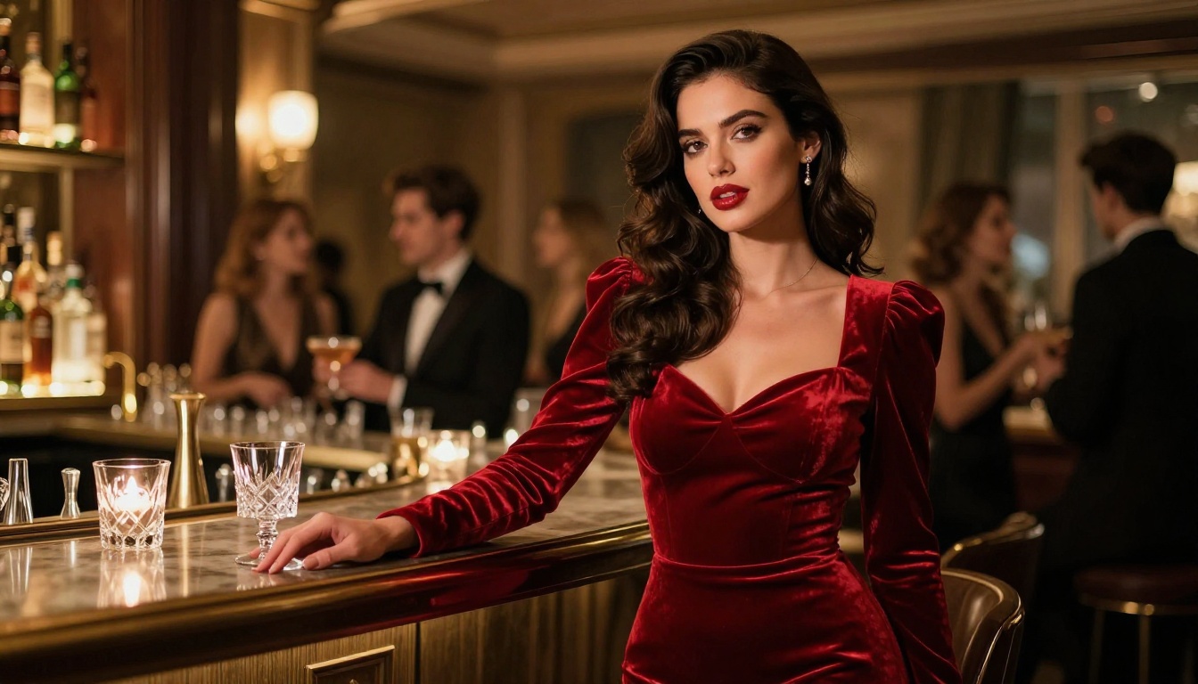 Woman in red velvet dress at upscale cocktail lounge, low-angle shot, moody amber lighting