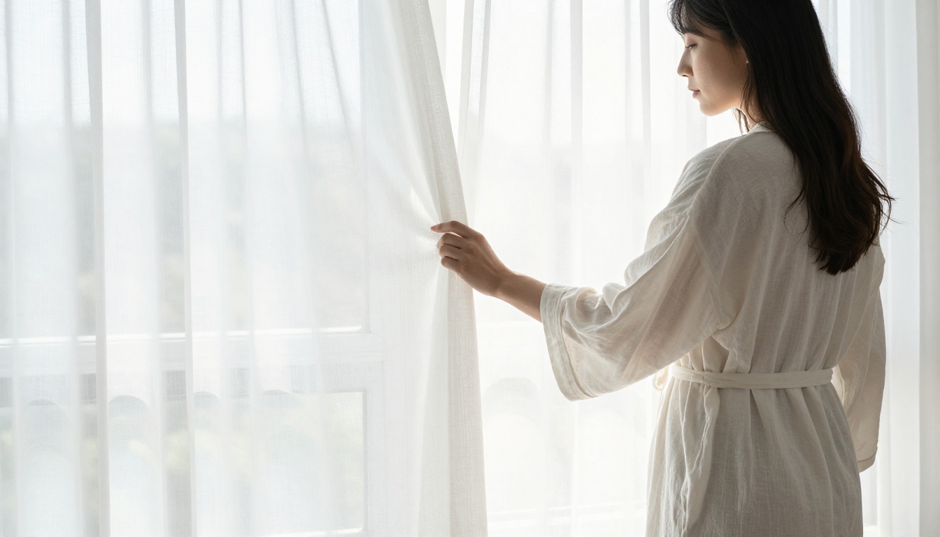 Woman in cotton robe standing at sheer white curtain, bright backlit high-key daylight, silhouette