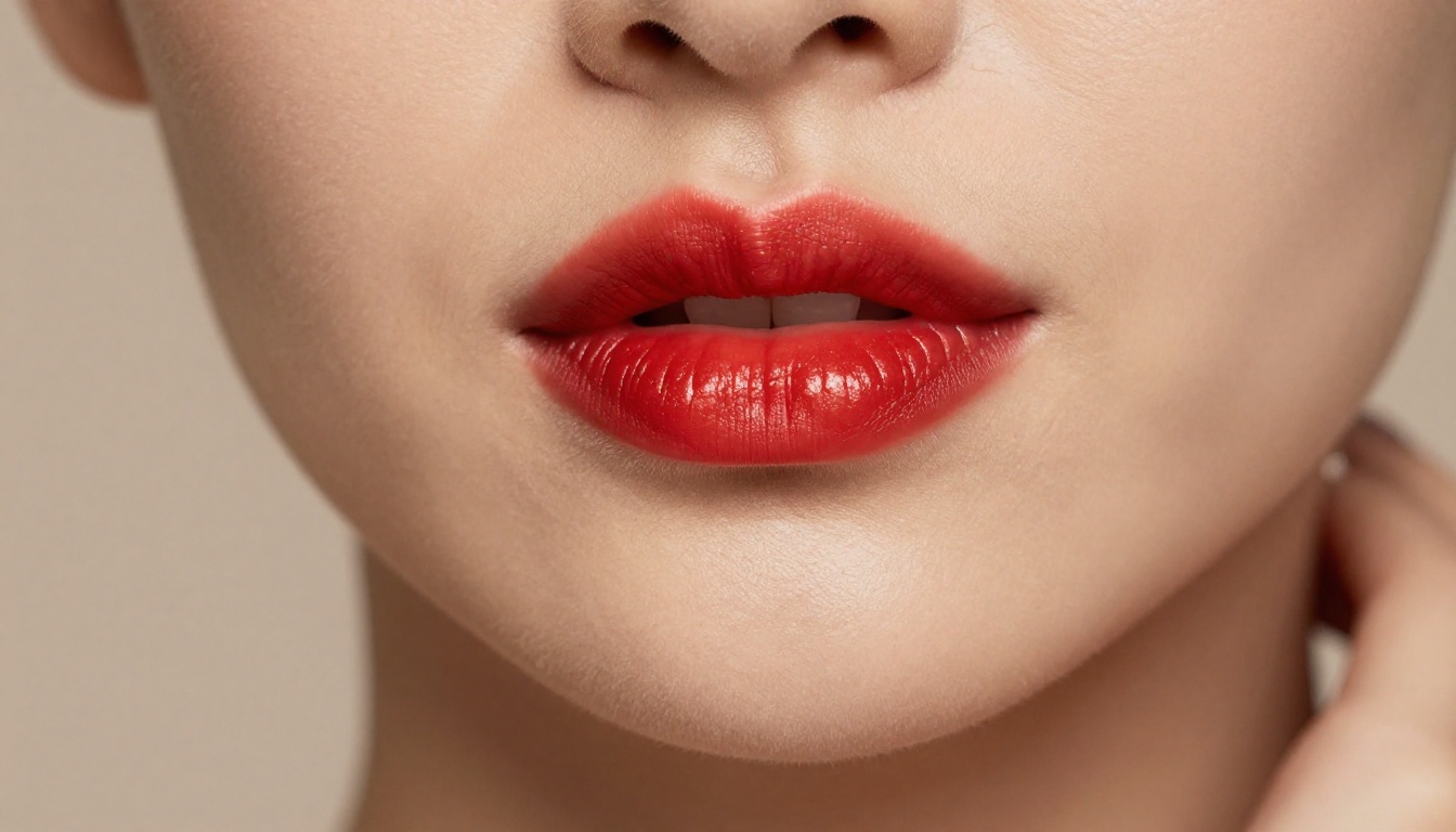 Ultra close-up beauty shot of lips and décolletage, diamond pendant, warm studio specular highlights
